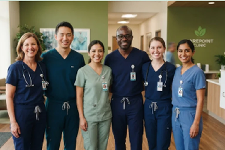 A team of home care professionals in scrubs